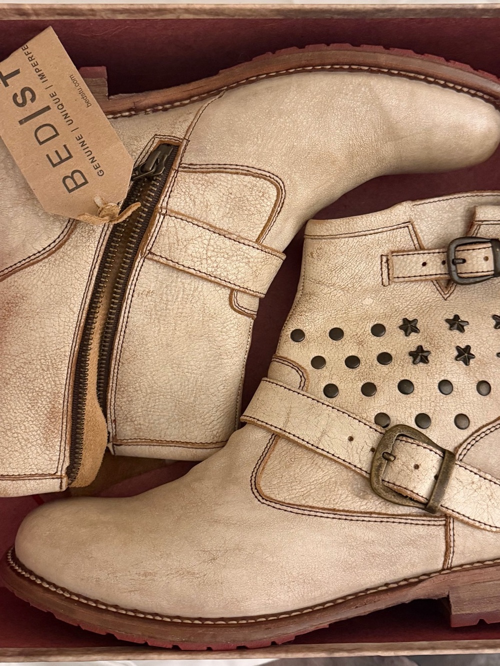 BED|STU Cream Leather Stud & Buckle Ankle Booties